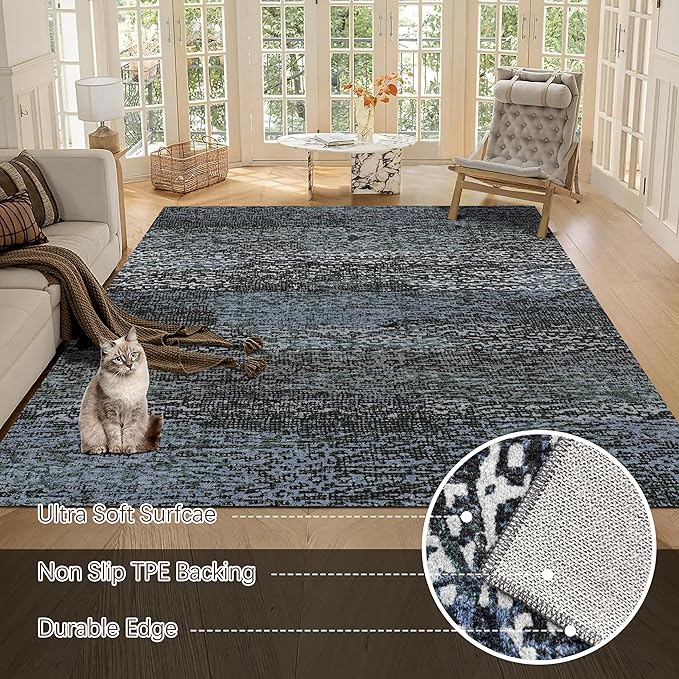 RUGSURE Washable Area Rug - 1/6 Thick - Stain & Water Resistant Non-Slip - Resistant Rug for Living Room, Bedroom, Nursery, Pet & Child Friendly, Vintage Charm Area Rugs (Darkgrey+Bule, 6' x 9')