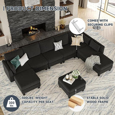 Modular Sectional Sofa, Convertible U Shaped Sofa Couch with High Density Memory Foam, 6 Seat Comfy Modular Sofa Couch for Living Room, Modern U Shaped Sectional Sofa, Black
