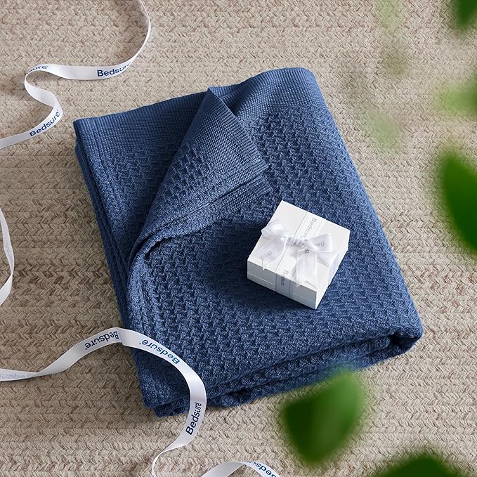 Bedsure Gentlesoft 100% Cotton Blanket King Size for Bed - Breathable and Soft, Thick Cozy Waffle Weave Christmas Blanket Gift for Women, Navy, 104x90 inches