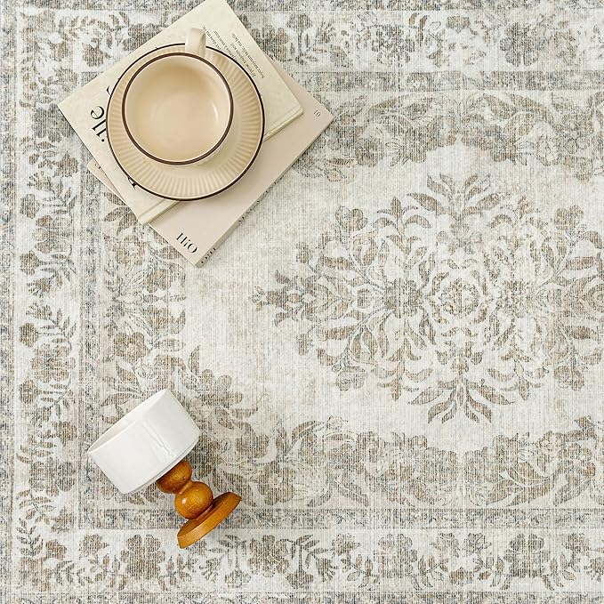3x4 Area Rug Beige Washable Office Vintage Distressed Carpet Bedroom Indoor Neutral Medallion Floral Living Room Non Slip Retro Throw Floor Mat for Dining Room Kitchen Bathroom