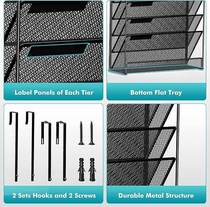7-Compartment Wall Mounted Hanging File Organizer Cubicle Wall File Holder Vertical Document Organizer for Office Home, Black