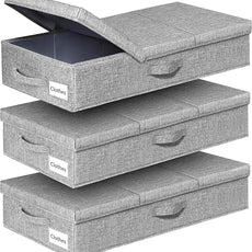 punemi Under Bed Storage Containers, 3 Pcs Large Blanket Clothes Storage Bag, Long Flat Firm Sides Underbed Organization And Storage w/ 3 Handles & Lid For Comforter Toy Closet, 31.1*15.7*6 inch Tall