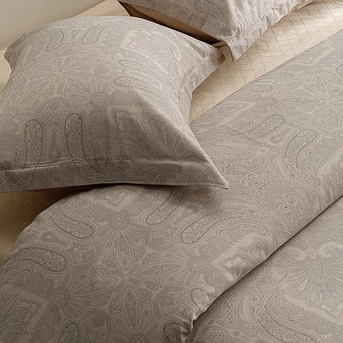 HeimenAogo Egyptian Cotton Duvet Cover Queen Size Sateen Weave, Silky Soft Boho Duvet Cover Zipper Closure, Long Staple Cotton Bed Linen Boteh Damask Medallion Paisley 3Pcs