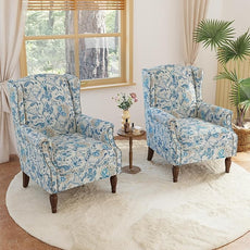 Lumibee Wingback Accent Chair, 2 Set High Back Floral Armchairs in Fabric,Comfy Upholstered Reading Single Sofa Chairs with Solid Wood Legs for Living Room,Bedroom,Office-Boho Blue