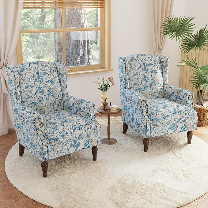 Lumibee Wingback Accent Chair, 2 Set High Back Floral Armchairs in Fabric,Comfy Upholstered Reading Single Sofa Chairs with Solid Wood Legs for Living Room,Bedroom,Office-Boho Blue