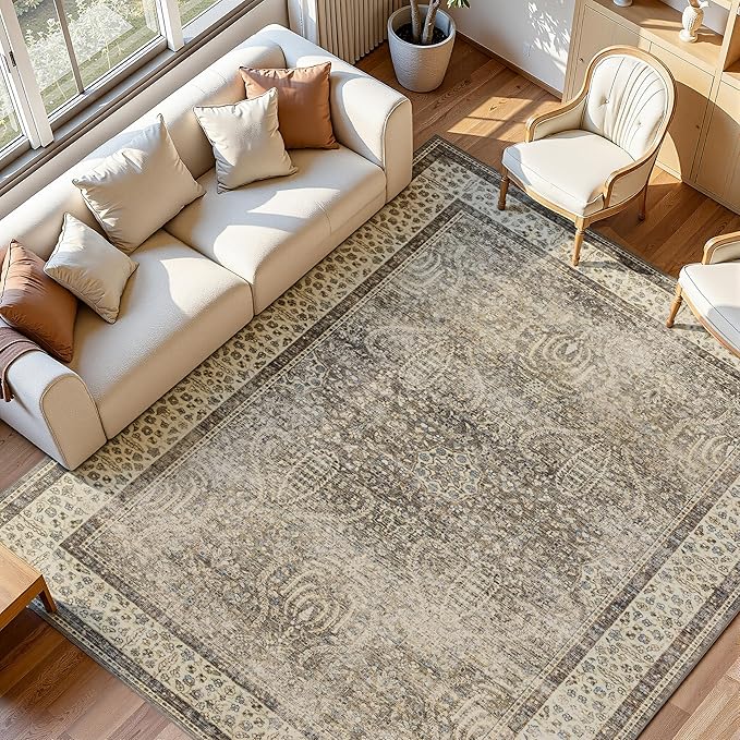 RCTJHOME 8'x10' Washable Area Rugs for Standard Sofa Living Room/Queen Bedroom, Ultra Soft Non-Slip Accent Large Carpet, Dining Room, Home Office, Low Pile Vintage Rug Retro Golden Brown Multi