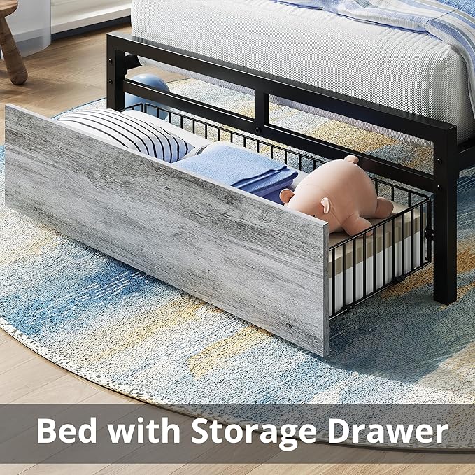 LIKIMIO Twin Bed Frames with Drawer, Storage Headboard with Outlets, No Box Spring Needed, Easy Assembly, Industrial Gray