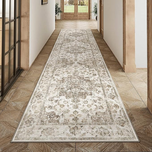2x8 Washable Neutral Runner Rug Brown Vintage Hallway Kitchen Carpet Non-Slip Soft Low Pile Floral Throw Rug for Bedroom Bathroom Laundry Living Room