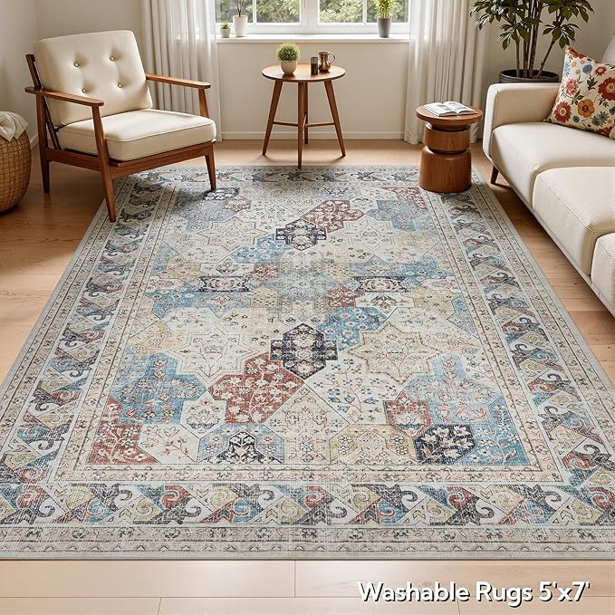RCTJHOME 5'x7' Washable Area Rugs for loveseat Living Room/Twin Bedroom/Study Room, Modern Abstract Soft Carpet, Low Pile Floor Rug with Non Slip Backing for Dining Room Cream Beige Blue Colorful