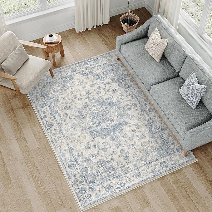 5x7 Washable Neutral Area Rug Blue Vintage Living Room Bedroom Carpet Non-Slip Soft Low Pile Floral Indoor Throw Rug for Dining Room Entryway Office