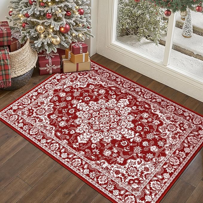 Christmas 2x3 Area Rug Red Xmas Floral Entryway Doormat Washable Non Slip Soft Low Pile Lightweight Neutral Mat for Living Room Bedroom Dining Room Bathroom
