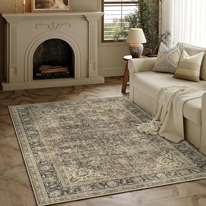 3x4 Washable Brown Area Rug Vintage Entryway Office Carpet Non-Slip Soft Low Pile Distressed Throw Rug for Entrance Living Room Bathroom Dining Room