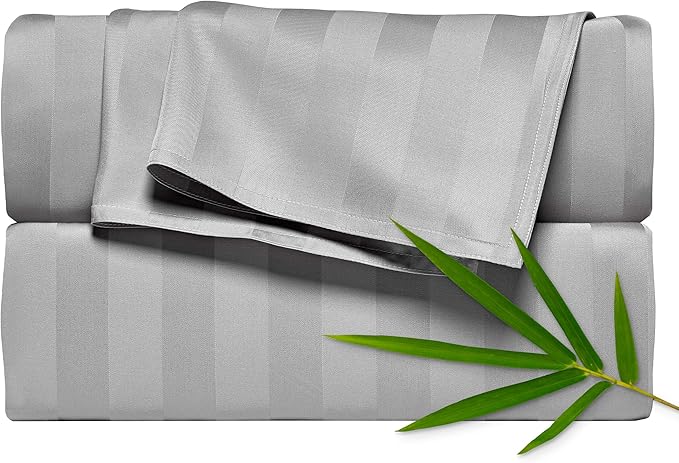 Pure Bamboo Split King Sheets, Genuine 100% Organic Viscose Derived from Bamboo Bed Sheet Set, Soft & Cooling, Double Stitching, 2 Fitted Sheets (Split King, Jacquard Silver)