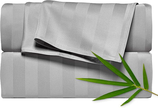 Pure Bamboo Split King Sheets, Genuine 100% Organic Viscose Derived from Bamboo Bed Sheet Set, Soft & Cooling, Double Stitching, 2 Fitted Sheets (Split King, Jacquard Silver)