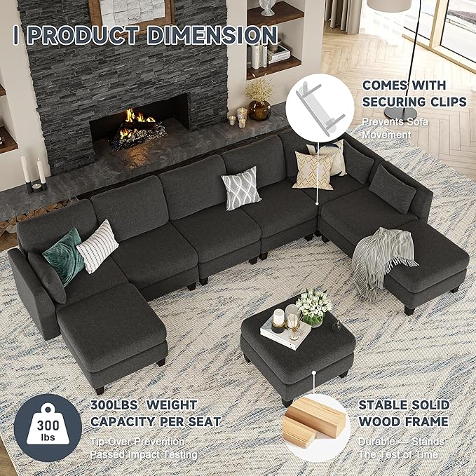 Modular Sectional Sofa, Convertible U Shaped Sofa Couch with High Density Memory Foam, 6 Seat Comfy Modular Sofa Couch for Living Room, Modern U Shaped Sectional Sofa, Dimgrey