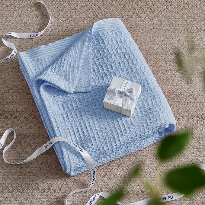 Bedsure Gentlesoft 100% Cotton Blanket King Size for Bed - Breathable and Soft, Thick Cozy Waffle Weave Christmas Blanket Gift for Women, Sky Blue, 104x90 inches