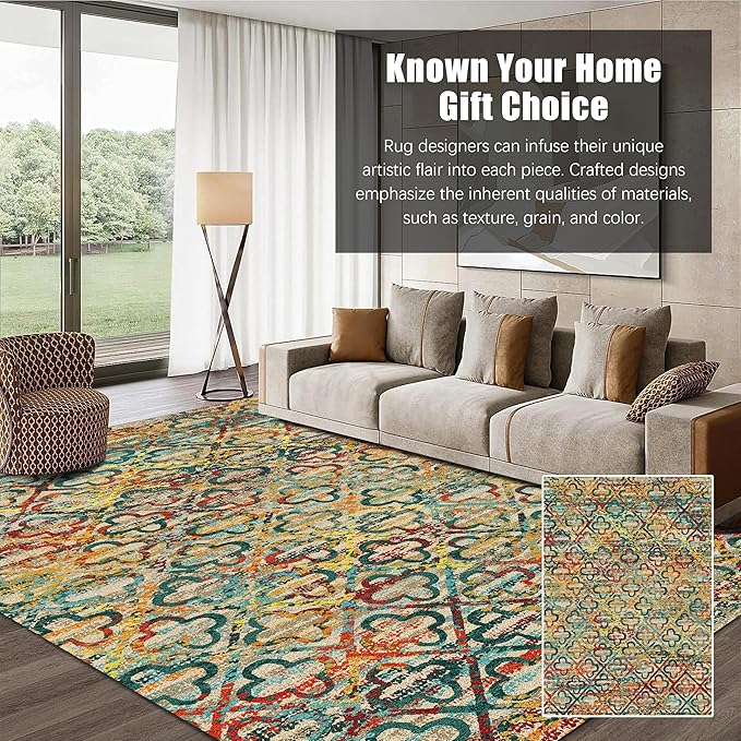 RUGSURE Washable Area Rugs, 6' x 9' - 1/6 Thick - Stain & Water Resistant Non-Slip - Perfect Resistant Rug for Living Room, Bedroom, Nursery, Pet & Child Friendly, Vibrant Colors Rugs, Multicolor
