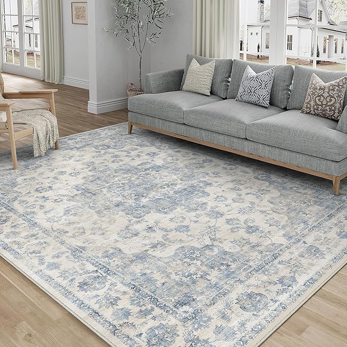 5x7 Washable Neutral Area Rug Blue Vintage Living Room Bedroom Carpet Non-Slip Soft Low Pile Floral Indoor Throw Rug for Dining Room Entryway Office