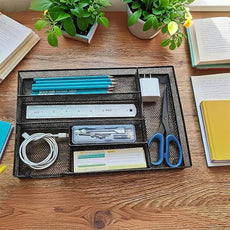 Desk Drawer Organizer Metal Mesh Drawer Organizer Tray for Office School or Home Supplies Desktop Storage Stationery，6 Compartments, 12.6 x 8.27 x 1.57 inch，Black (1pc pack)