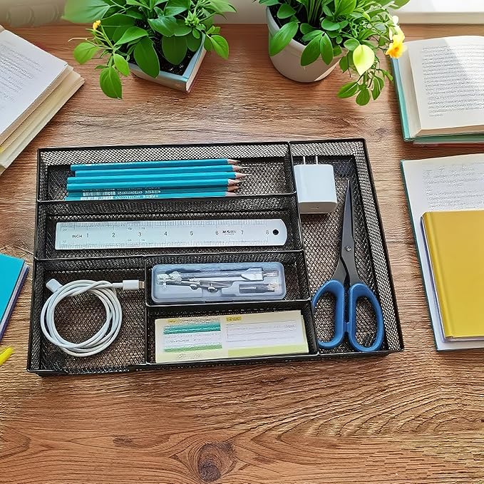 Desk Drawer Organizer Metal Mesh Drawer Organizer Tray for Office School or Home Supplies Desktop Storage Stationery，6 Compartments, 12.6 x 8.27 x 1.57 inch，Black (1pc pack)