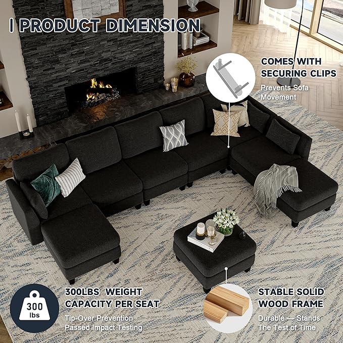 Modular Sectional Sofa, Convertible U Shaped Sofa Couch with High Density Memory Foam, 6 Seat Comfy Modular Sofa Couch for Living Room, Modern U Shaped Sectional Sofa, Dark Grey