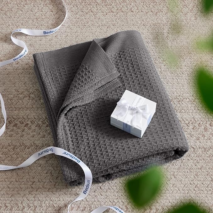 Bedsure Gentlesoft 100% Cotton Blanket Queen Size for Bed - Breathable and Soft, Thick Cozy Waffle Weave Christmas Blanket Gift for Women, Dark Grey, 90x90 Inches