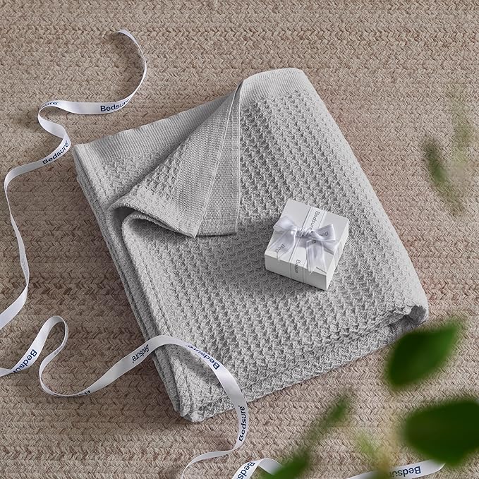 Bedsure Gentlesoft 100% Cotton Blanket King Size for Bed - Breathable and Soft, Thick Cozy Waffle Weave Christmas Blanket Gift for Women, Grey, 104x90 inches