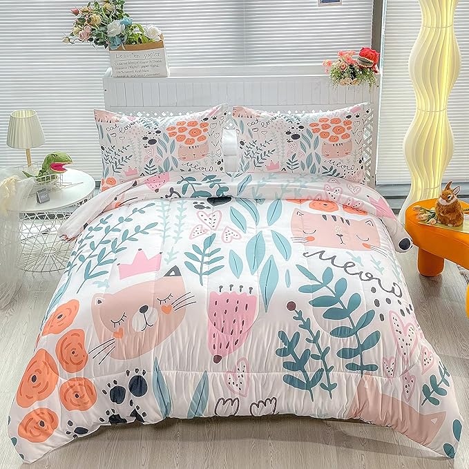 CVHOUSE Cat Bedding,Cartoon Cat Comforter Twin,Animals Print Comforter Set for Kids,Kawaii Quilt Set with 1 Comforter and 2 Pillow Cases