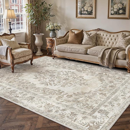 5x8 Area Rug Beige Washable Vintage Distressed Living Room Carpet Large Bedroom Indoor Neutral Medallion Floral Non Slip Retro Throw Floor Mat for Office Dining Room Kitchen Bathroom