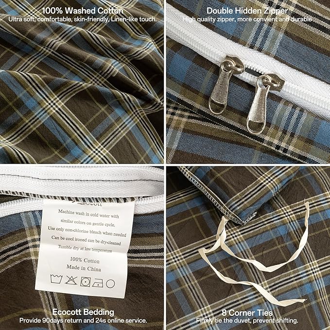 ECOCOTT Buffalo Plaid Duvet Cover Queen Size – 3 Piece Washed Cotton Brown & Blue Bedding Set, Soft & Breathable, Reversible Checkered Design with Zipper Closure & Corner Ties