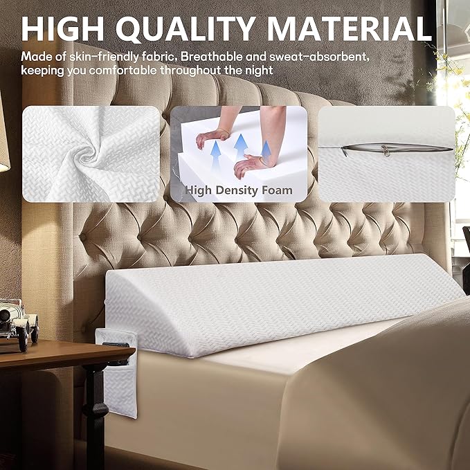 Bed Wedge Pillow for Headboard Gap Bed Mattress Gap Filler (0-8") Between Headboard/Wall and Mattress White King Size Foam Support Triangle Bloster Pillow Stoppers with 2 Pockets