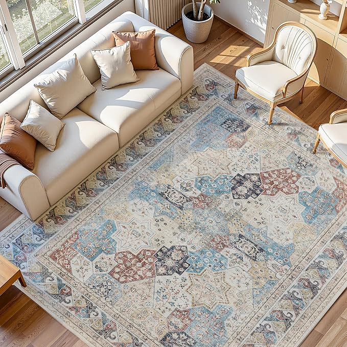 RCTJHOME 5'x7' Washable Area Rugs for loveseat Living Room/Twin Bedroom/Study Room, Modern Abstract Soft Carpet, Low Pile Floor Rug with Non Slip Backing for Dining Room Cream Beige Blue Colorful
