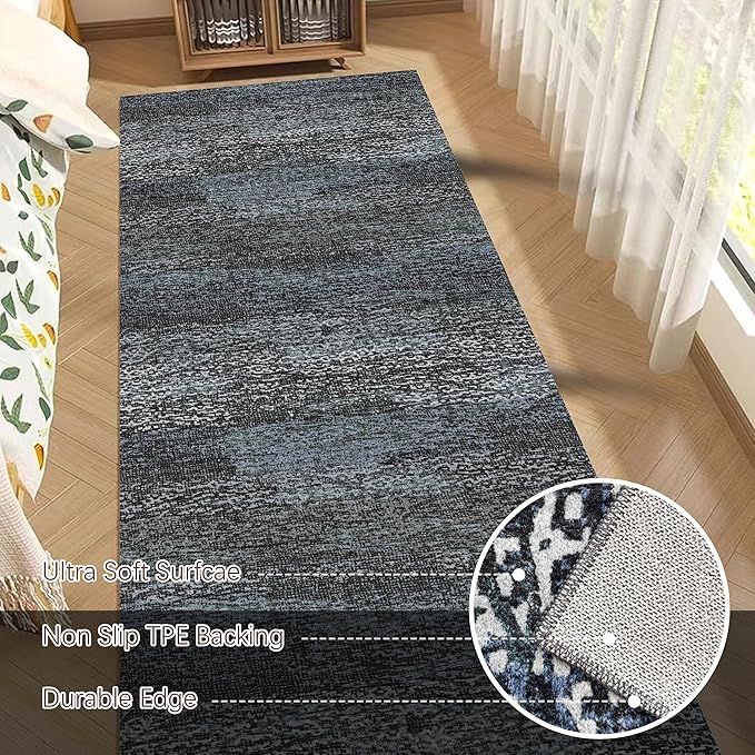 RUGSURE Washable Area Rug - 1/6 Thick - Stain & Water Resistant Non-Slip - Resistant Rug for Living Room, Bedroom, Nursery, Pet & Child Friendly, Vintage Charm Area Rugs (Darkgrey+Bule, 2'6'' x 8')