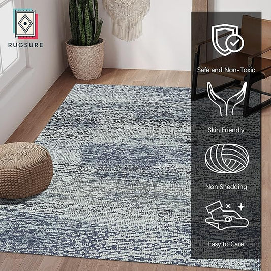 RUGSURE Washable Area Rug - 1/6 Thick - Stain & Water Resistant Non-Slip - Resistant Rug for Living Room, Bedroom, Nursery, Pet & Child Friendly, Vintage Charm Area Rugs (Grey+LightTeal, 5' x 7')