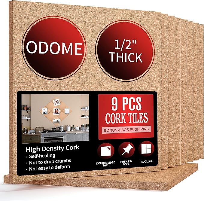 Cork Board Tiles 12”X 12” – 1/2” Thick Cork Board – Bulletin Board – Pin Board Decoration for Pictures,Ultra Strength Adhesive Backing – 9 Pieces Cork Boards for Walls – 1 Box Push Pins