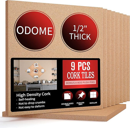 Cork Board Tiles 12”X 12” – 1/2” Thick Cork Board – Bulletin Board – Pin Board Decoration for Pictures,Ultra Strength Adhesive Backing – 9 Pieces Cork Boards for Walls – 1 Box Push Pins
