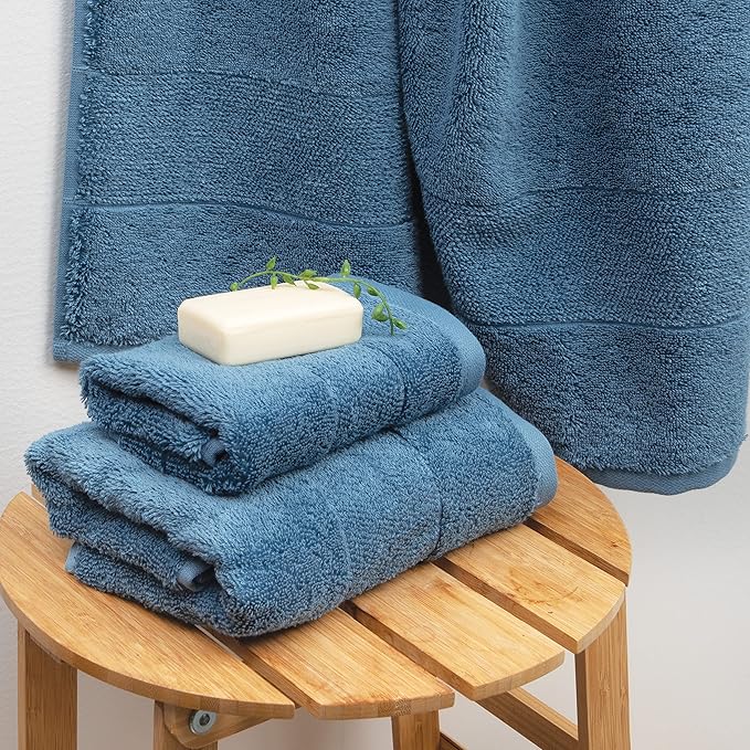 Aston & Arden Aegean Terry Wash Cloths - Set of 8 - Ringspun Turkish Cotton Thick and Soft Absorbent Luxury Hotel and Spa Bathroom Towel, 600 GSM, 13 x 13 in, Copen Blue