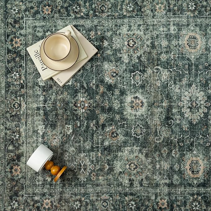9x12 Green Vintage Area Rug for Living Room Bedroom Distressed Rustic Large Carpet Non-Slip Low Pile Lightweight Vacuumable Soft Washable Throw Rug for Indoor Dining Room