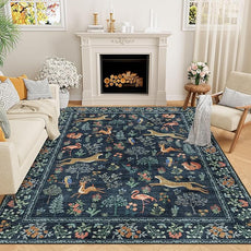DUKINO 9x12 Rug, Washable Animal Living Room Rug with Non Slip Vintage Design, Soft Low Pile Large Carpet for Bedroom, Nursery, Dining Room, Farmhouse, Playroom, Navy Blue