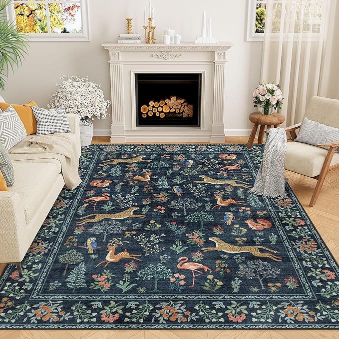 DUKINO 9x12 Rug, Washable Animal Living Room Rug with Non Slip Vintage Design, Soft Low Pile Large Carpet for Bedroom, Nursery, Dining Room, Farmhouse, Playroom, Navy Blue