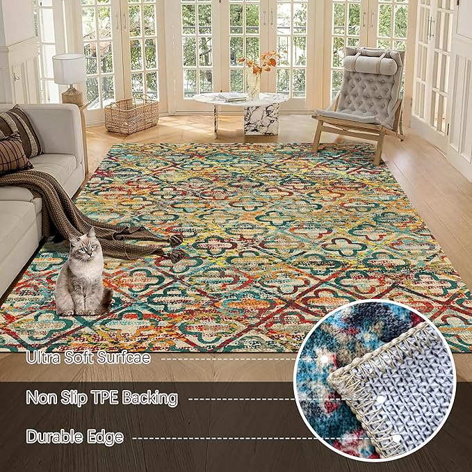 RUGSURE Washable Area Rugs, 6' x 9' - 1/6 Thick - Stain & Water Resistant Non-Slip - Perfect Resistant Rug for Living Room, Bedroom, Nursery, Pet & Child Friendly, Vibrant Colors Rugs, Multicolor