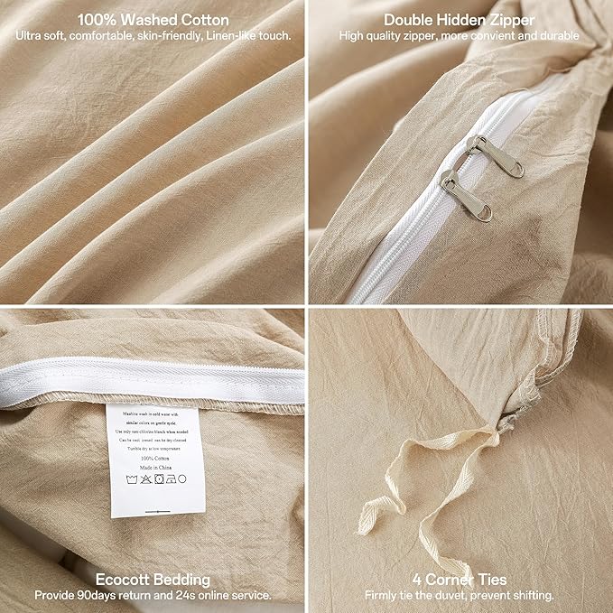ECOCOTT Duvet Cover California King Size, 100% Washed Cotton 1 Duvet Cover with Zipper and 2 Pillowcases, Ultra Soft and Easy Care Breathable Cozy Simple Style Bedding Set, No Comforter (Khaki)