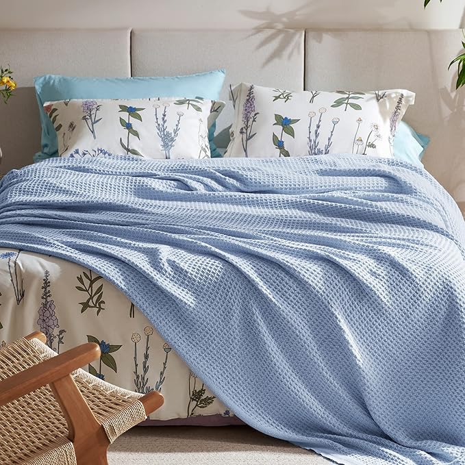 Bedsure Gentlesoft 100% Cotton Blanket King Size for Bed - Breathable and Soft, Thick Cozy Waffle Weave Christmas Blanket Gift for Women, Sky Blue, 104x90 inches