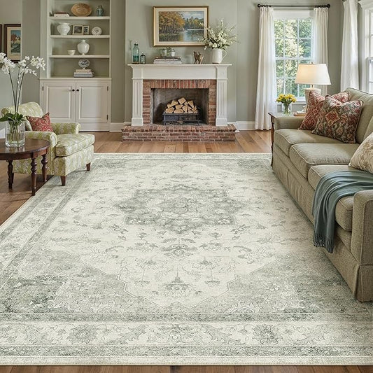 Green Area Rug 8x10 Washable Living Room Carpet Vintage Non Slip Soft Bedroom Indoor Office Retro Low Pile Thin Oriental Medallion Large Rug for Dining Room Playroom