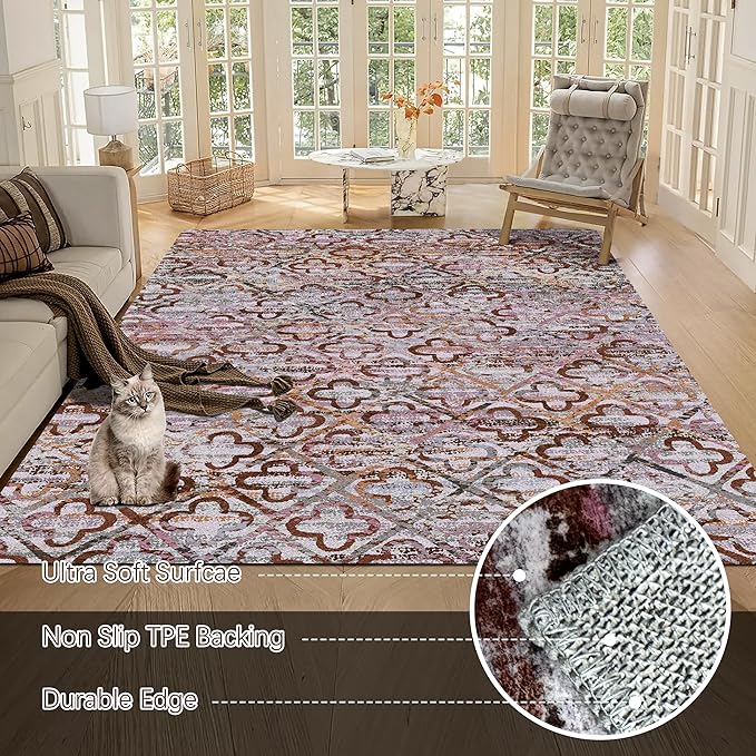 RUGSURE Washable Area Rugs, 4' x 6' - 1/6 Thick - Stain & Water Resistant Non-Slip - Perfect Resistant Rug for Living Room, Bedroom, Nursery, Pet & Child Friendly, Vibrant Colors Rugs, Purple