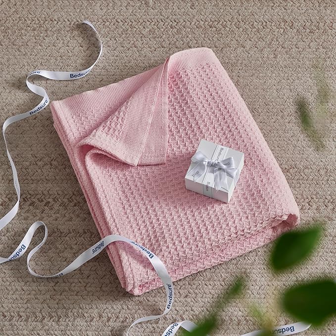 Bedsure Gentlesoft 100% Cotton Blanket King Size for Bed - Breathable and Soft, Thick Cozy Waffle Weave Christmas Blanket Gift for Women, Pink, 104x90 inches
