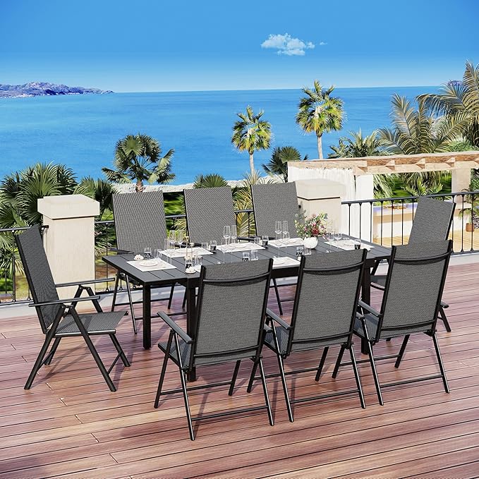 MFSTUDIO Patio Folding Chairs Set of 8, Outdoor Patio Dining Chairs, Portable Black Sling Patio Chairs, 7 Levels Adjustable Sling Back Chairs for Backyard Lawn Garden
