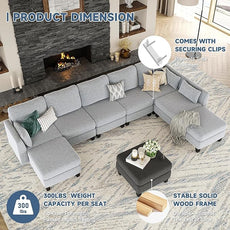 Modular Sectional Sofa, Convertible U Shaped Sofa Couch with High Density Memory Foam, 6 Seat Comfy Modular Sofa Couch for Living Room, Modern U Shaped Sectional Sofa, Lightgrey