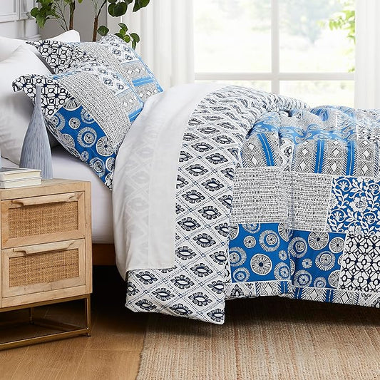 Southshore Fine Living, Inc. Reversible Patchwork Duvet Cover King Size Set, California King Duvet Cover Boho Set, Hotel Quality Bedding King/Cal King, 2 Blue Pillow Shams - Global Patchwork Blue