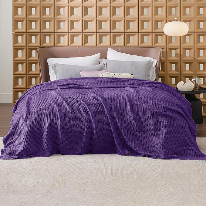 Bedsure Gentlesoft 100% Cotton Blanket King Size for Bed - Breathable and Soft, Thick Cozy Waffle Weave Christmas Blanket Gift for Women, Purple, 104x90 inches